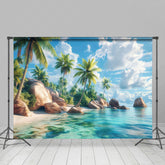 Lofaris Serene Tropical Island Coastline Palm Rocks Backdrop